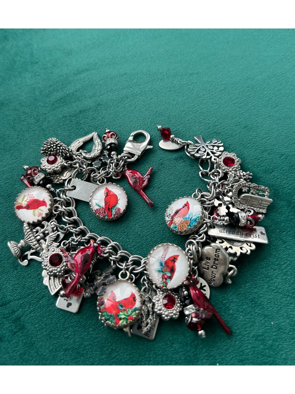Silver Charm Bracelet with Red Cardinal Charms